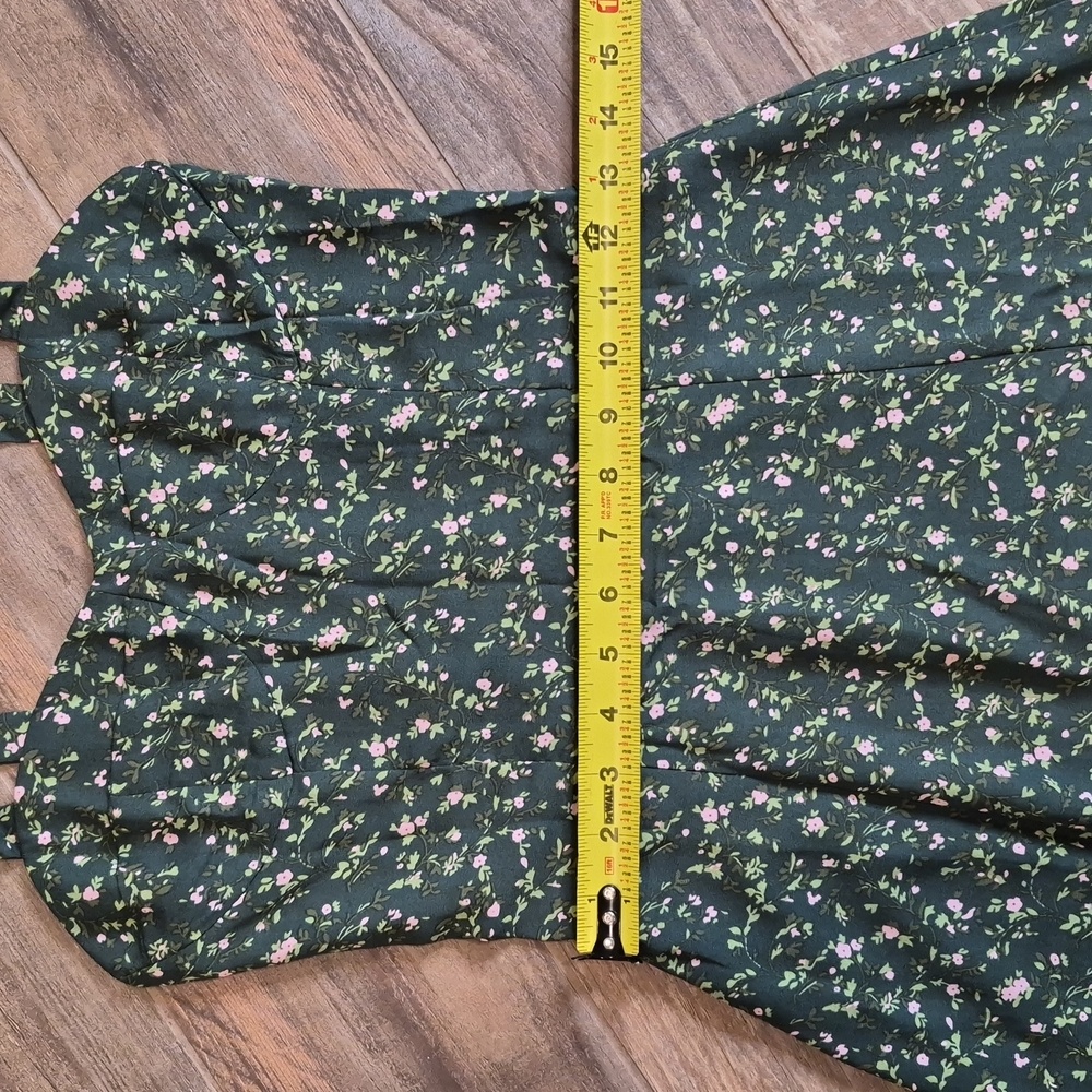 Reborn Green & Pink Floral Tie-Straps Smocked Back Lined Midi Dress, XS, Size 2 - Picture 12 of 14
